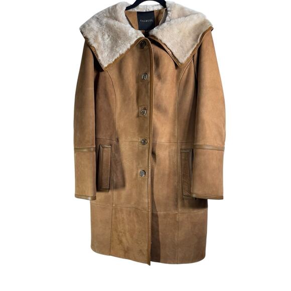 New Talbots Womens Plus 16 Brown Lambs Wool Suede Shearling Leather Trench Coat - Picture 1 of 13